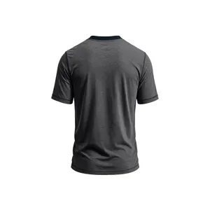 Back detail view of the dark grey men short sleeve t-shirt, showing breathable knit fabric.