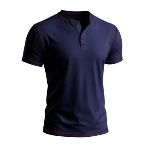 Details of the mens short sleeve henley shirt featuring contrast stitching and soft fabric.