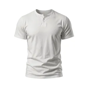 Close-up detail view of white men short sleeve henley t-shirt featuring classic button placket.
