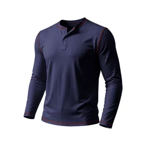 Men's casual long sleeve Henley t-shirt with contrast stitching for autumn daily wear