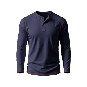 Men's casual long sleeve Henley t-shirt with contrast stitching and button detail.