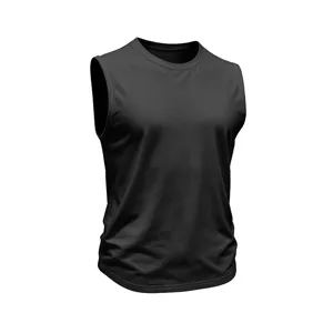 Detailed view of a black men's sleeveless tank top, featuring a classic round neck design.