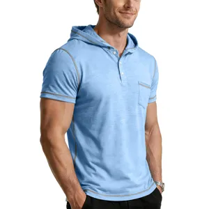 Men short sleeve hooded henley t-shirt in light blue with contrast stitching and chest