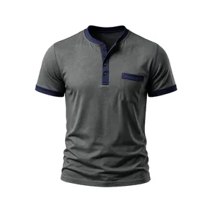 Men's short sleeve Henley t-shirt casual summer slim fit basic top with chest pocket and contrast trim.