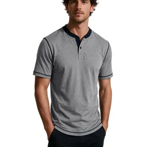 Gray short sleeve henley shirt detail view with contrast navy trim and buttons design