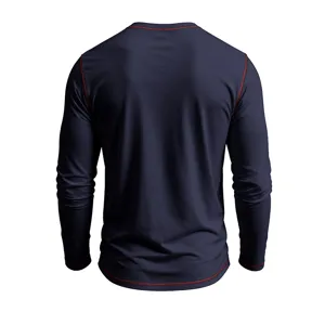 Men's solid dark blue long-sleeve t-shirt with contrast red stitching casual top autumn.