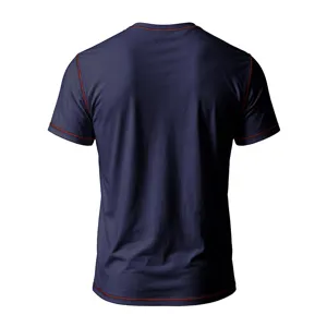 Back detail of men's short-sleeve dark blue t-shirt with red contrast stitching, casual style.