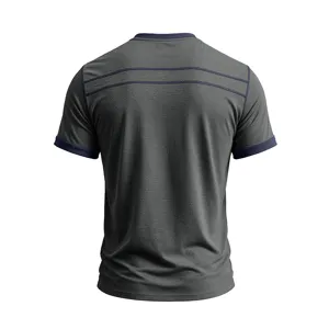 Detailed back view of men short sleeve casual t-shirt, contrast collar and shoulder stitching.
