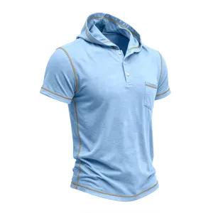Men's short sleeve hooded polo shirt with contrast stitching, casual summer daily wear.