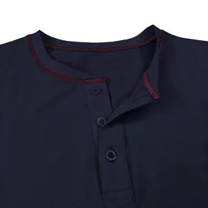 Men's casual long sleeve Henley t-shirt in navy blue with contrast red stitching details.