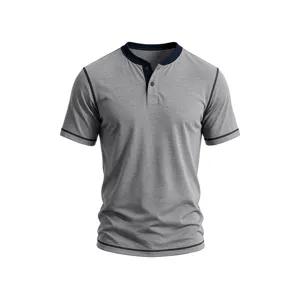 Detailed view of men's short sleeve Henley t-shirt featuring contrast trim and stitching.