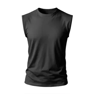 Men's solid black sleeveless crewneck tank top, wide shoulder summer cotton t-shirt.