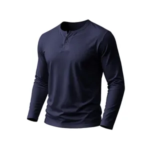Dark blue long sleeve Henley shirt detail, V-neck button placket, solid color casual wear.