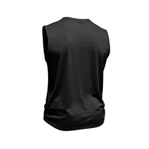 Detail view of black sleeveless crew neck vest back, showing fabric texture and design.