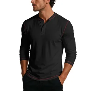 Men's casual long sleeve henley t-shirt with contrast red stitching. Comfortable cotton daily wear.