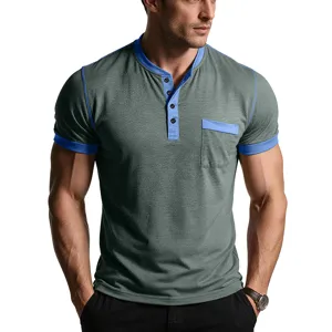 Close-up of contrast blue henley collar and chest pocket on the grey short-sleeve summer t-shirt.