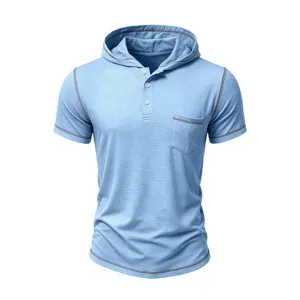 Men's retro short-sleeve hooded henley shirt with contrast stitching, casual summer top.