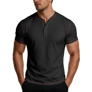 Men's black short sleeve Henley shirt with contrast red stitching casual slim fit summer top