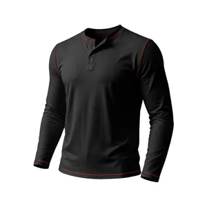 Mens long sleeve henley t shirt detail showing black fabric and red contrast stitching.