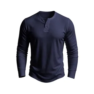 Men's long sleeve navy blue Henley shirt casual V-neck solid cotton basic top wear