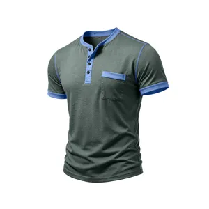 Mens contrast trim short sleeve Henley t-shirt casual summer athletic muscle tee.