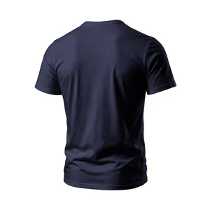 Men's dark blue short sleeve t-shirt back view, casual solid color summer apparel item.