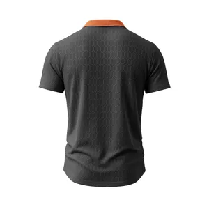 Detailed view of men's short-sleeve polo shirt with geometric pattern and contrast collar.