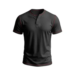 Men's retro short sleeve Henley t-shirt in black with red contrast stitching details.