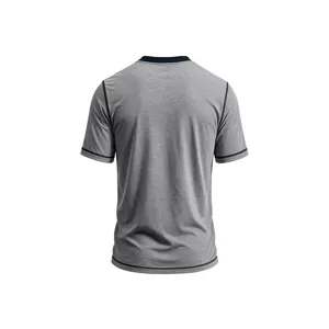 Men's grey short sleeve t-shirt back view detail, casual summer cotton top apparel.