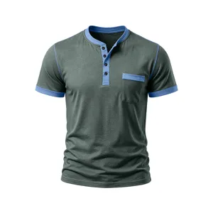 Detail view of the men's contrast trim short sleeve henley shirt, featuring chest pocket.