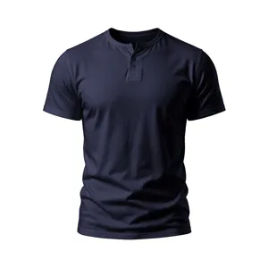 Close-up detail of the classic solid color men's short sleeve Henley shirt collar and buttons.