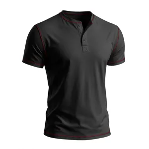 Men's short sleeve slim fit Henley shirt with contrast red stitching and button placket.