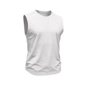 Detail view of men's plain white sleeveless tank top, comfortable pure cotton fabric.