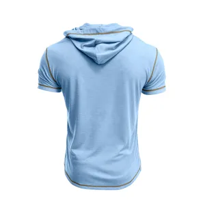 Back detail of light blue short sleeve hooded t-shirt with contrast stitching for men.