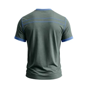 Men's short sleeve casual t-shirt back detail featuring stylish contrast blue stitching.