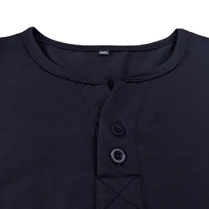 Men's short sleeve Henley shirt detail view, solid color casual top, comfortable fabric.