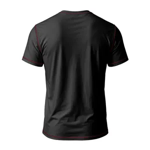 Detailed back view of a black short sleeve t-shirt featuring striking red contrast stitching.