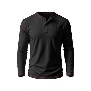 Men's black long sleeve Henley t-shirt with striking contrast red stitching details.