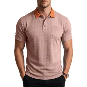 Men's short sleeve polo shirt with contrast orange collar and textured pink fabric.