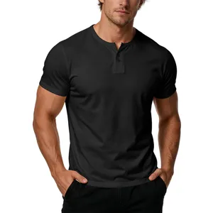 Men's short sleeve Henley t-shirt, solid color, slim fit casual summer basic top.