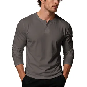 Men's solid color long sleeve Henley shirt with button V-neck, comfortable casual cotton top.