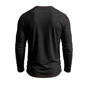 Men's Casual Black Long Sleeve T-Shirt with Red Contrast Stitching for Autumn.