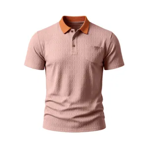Men's stylish short sleeve polo shirt with chest pocket and contrast collar, textured fabric.