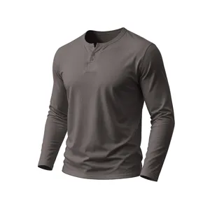 Mens long sleeve Henley shirt solid color V-neck casual top basic cotton spring style