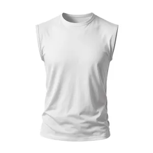 Men's solid white cotton sleeveless crewneck tank top for casual summer daily wear.