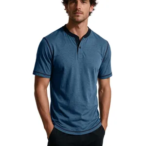 Men's Short Sleeve Henley T-Shirt Summer Casual Blue Contrast Trim Cotton Topwear