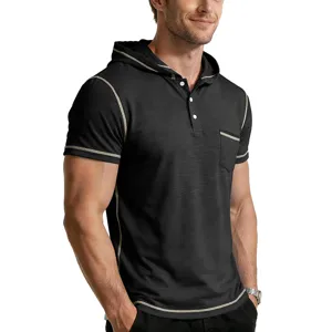 Men casual short sleeve hooded polo shirt featuring contrast stitching and chest pocket detail.
