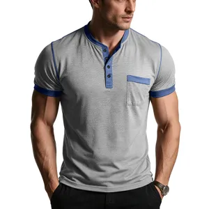 Detailed view of men's colorblock henley short sleeve t-shirt, casual summer wear.