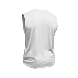 Men's plain white sleeveless crewneck vest back view detail showcasing fabric and cut.