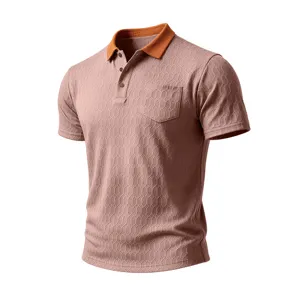 Detailed view of the textured short sleeve polo shirt featuring a contrast color collar and pocket.